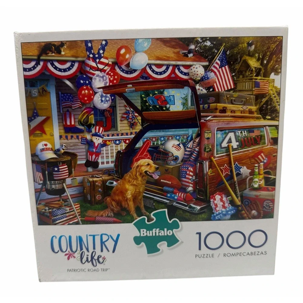 Lot of 2 Buffalo Games Country Life 1000 Pc Puzzles Farmers Market Patriotic